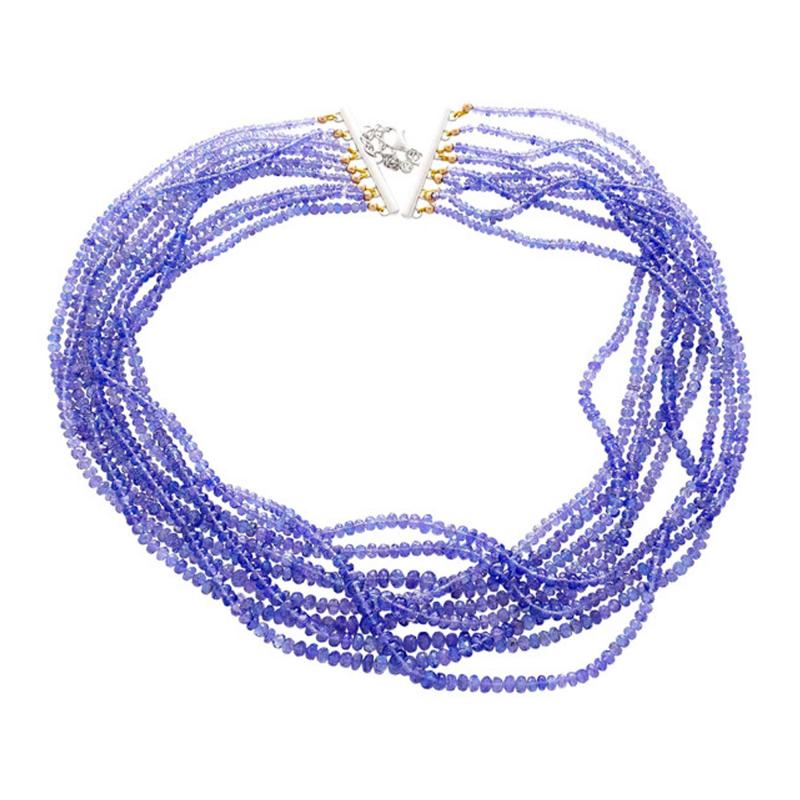 Multi Strand Blue Tanzanite Beads Round Cut Diamond Necklace in 18K White Gold