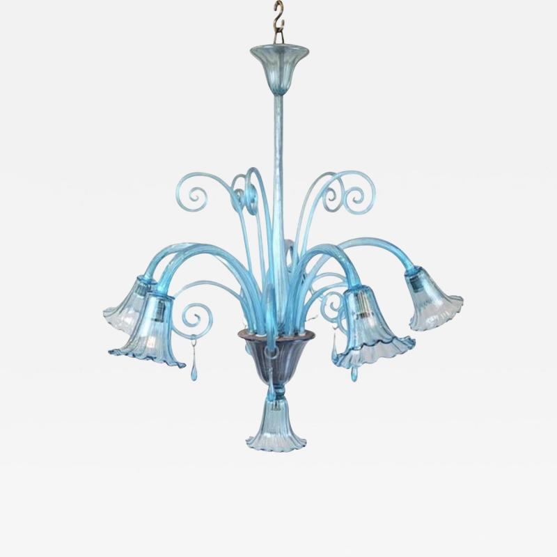 Murano Blue Glass Chandelier 5 Arms Of Light 1940s