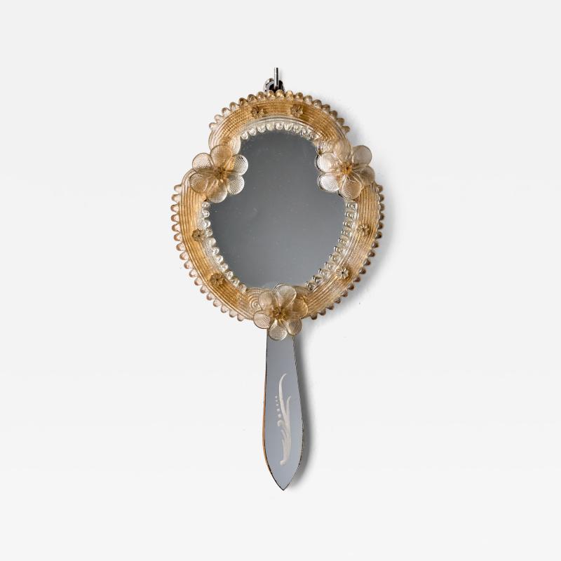 Murano Glass Hand Mirror with Floral Decor 20th Century