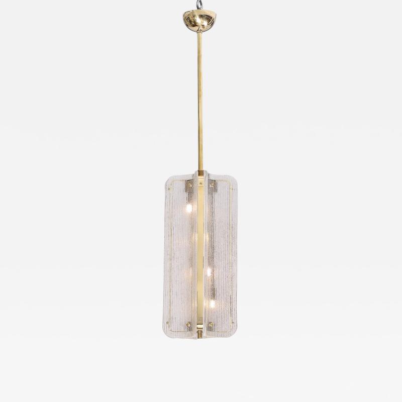 Murano Glass Pendant Chandelier in Clear Textured Glass and Brass Italy