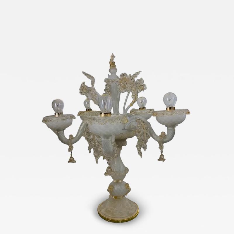 Murano Glass White and Gold Table Lamp With Flowers and Leaves