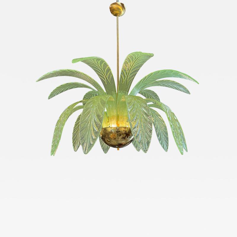 Murano Glass and Brass Chandelier in Green Glass Palm Leaves