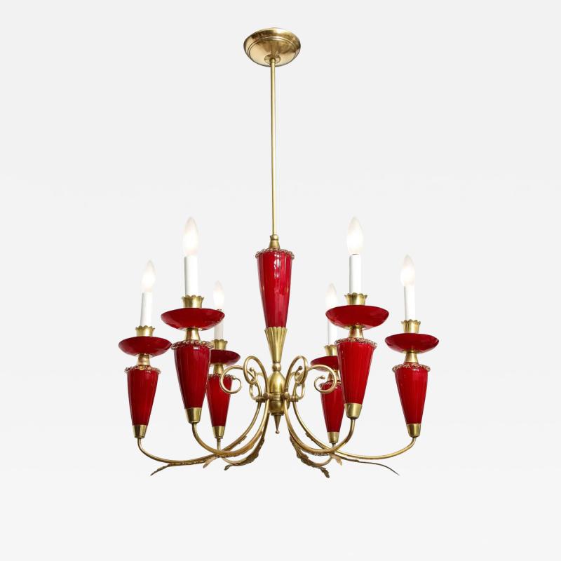 Murano Hand Blown Italian Brass and Glass Chandelier Italy circa 1950