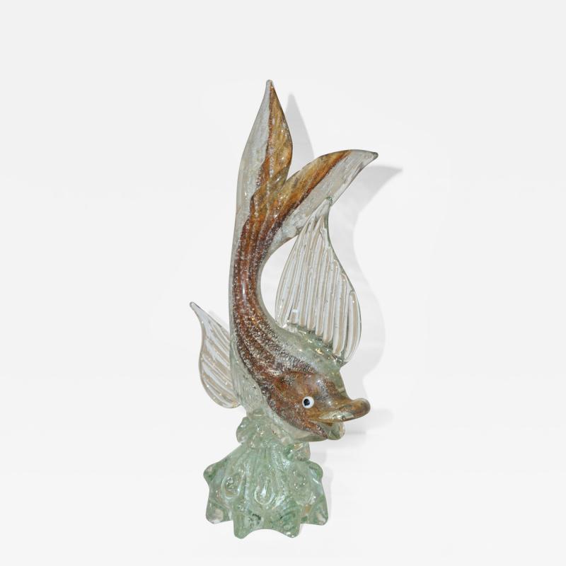 Murano Sommerso Amber and Silver Flecks Art Glass Fish Sculpture