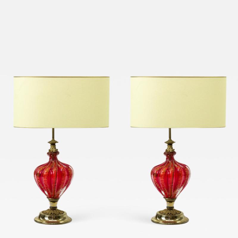 Murano deep ruby and gold flake glass spectacular pair of lamp