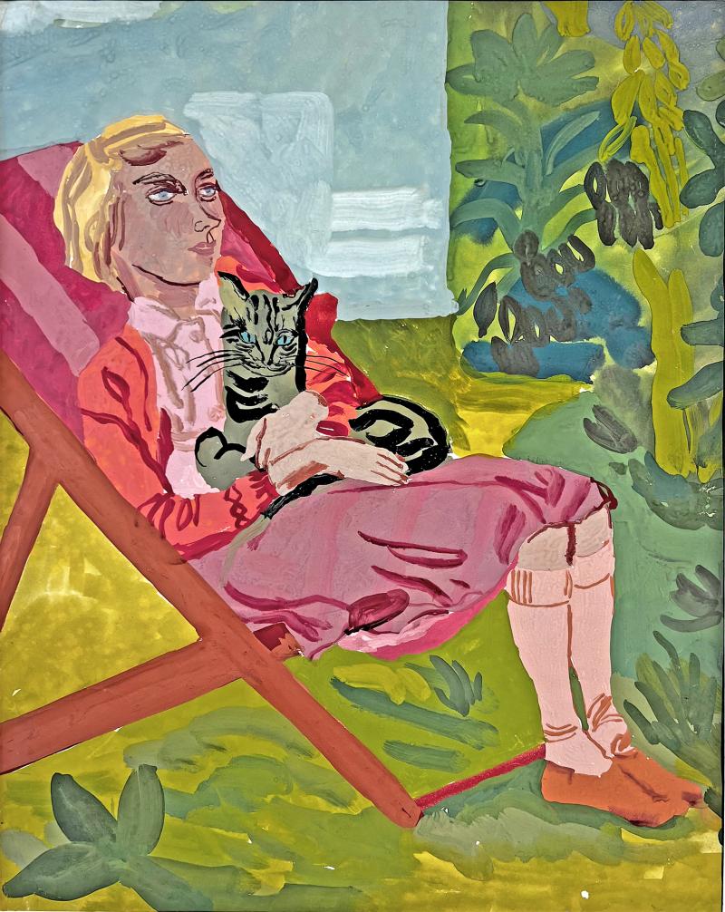 Muriel Pemberton Dreamy Young Blond Women Pondering Deckchair and Cat Summer Pastel Color