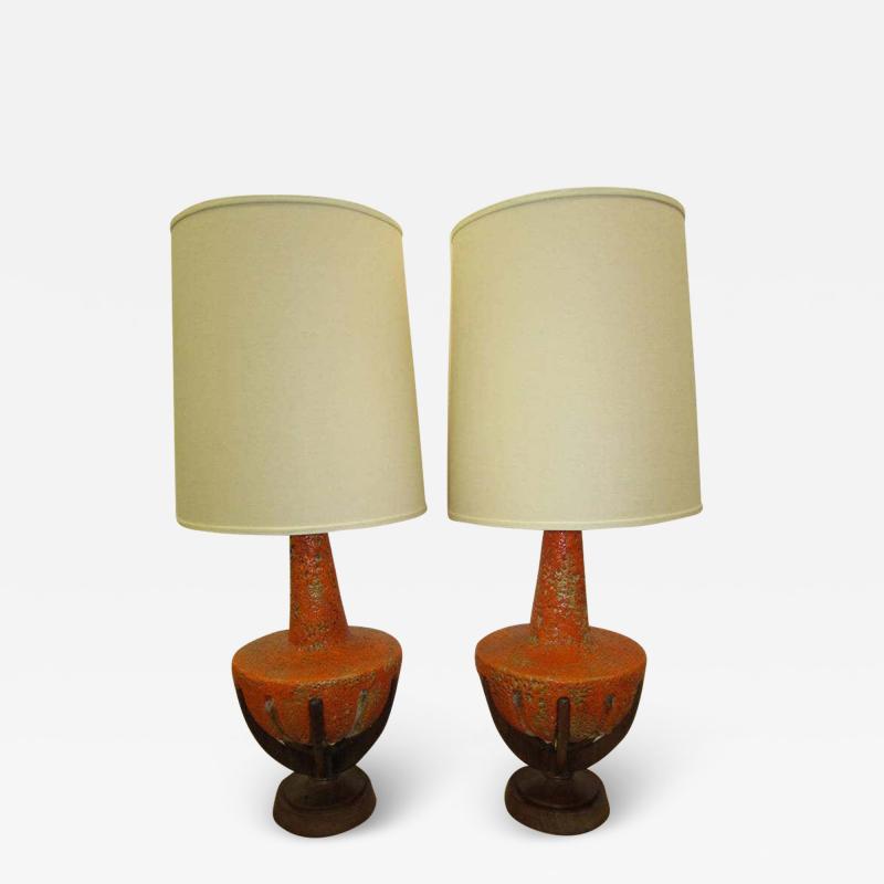 Mutual Sunset Lamp Co Amazing Pair of Thick Lava Glaze Orange Ceramic Lamps with Walnut Finger Bases
