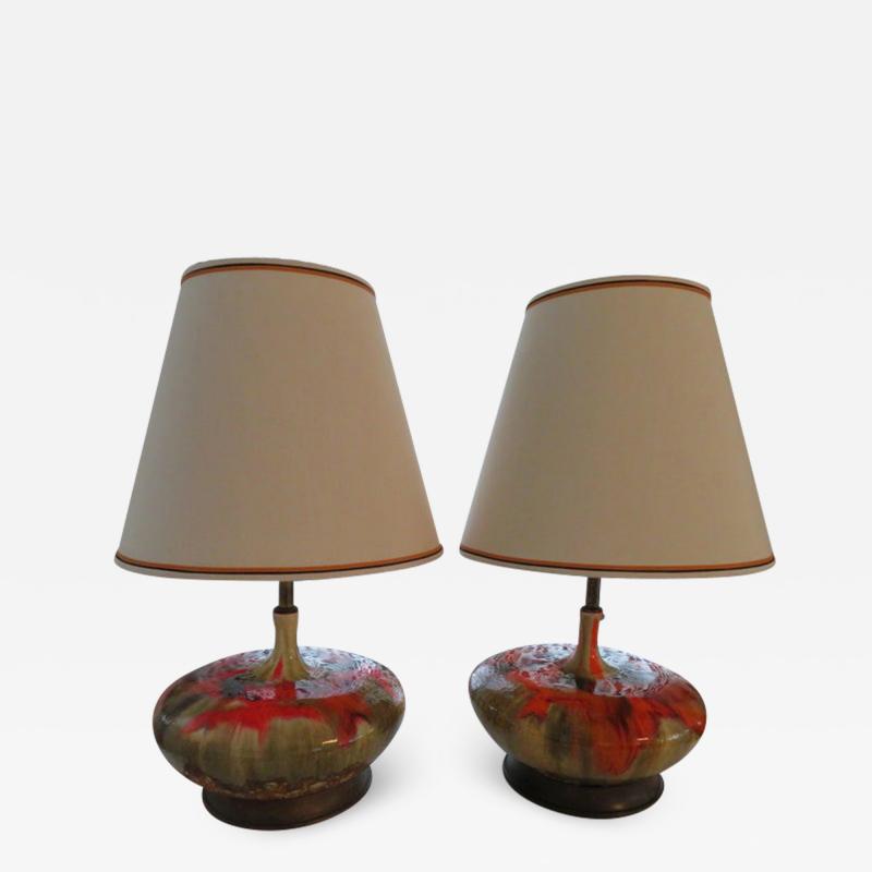 Mutual Sunset Lamp Co Magnificent Pair of Orange Oversized Squatty Danish Lava Drip Glaze Lamps Modern