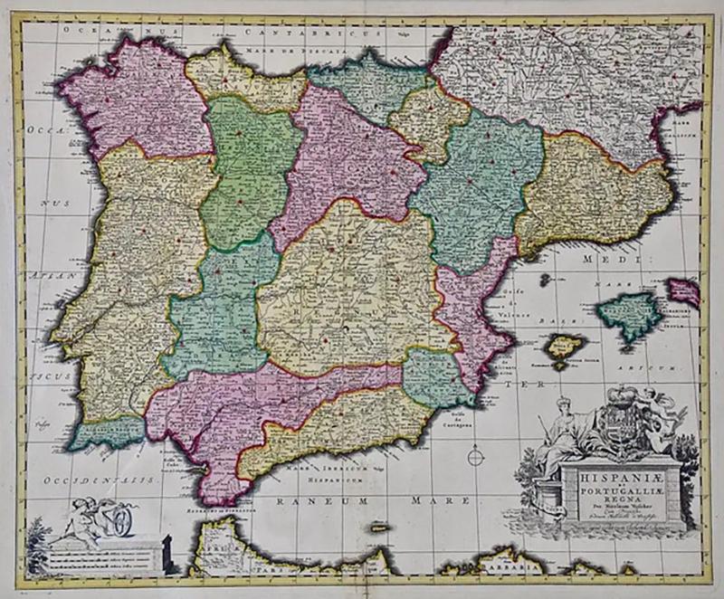 NICOLAES VISSCHER 18th Century Hand Colored Map of Spain and Portugal by Visscher