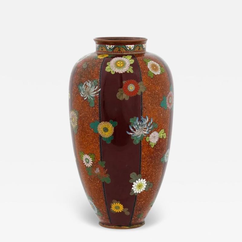Namikawa Yasuyuki Japanese Cloisonne Stripe Vase with Chrysanthemums Namikawa Yasuyuki Meiji Vase
