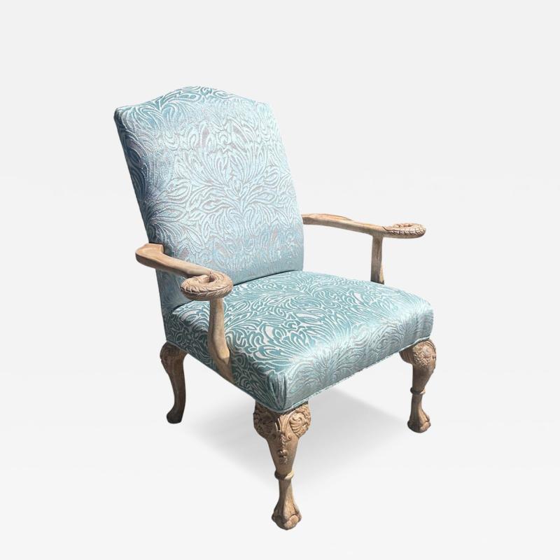 Nancy Corzine George I Style Swan Handle Arm Chair in Scalamandre Blue Cut Velvet