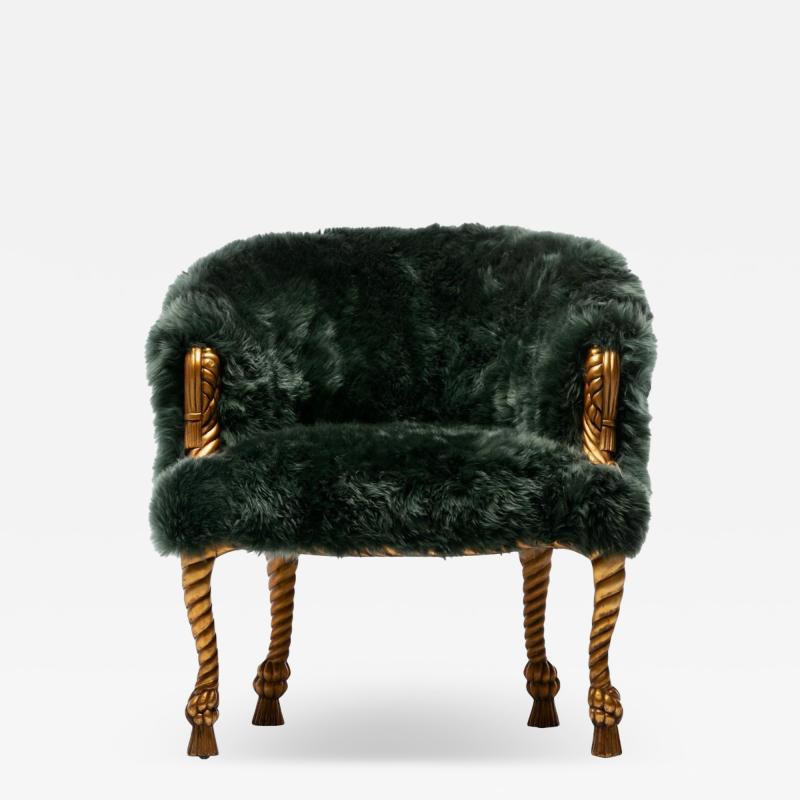 Napoleon III Style Chair in Emerald Sheepskin on Gilt Rope Tassel Frame
