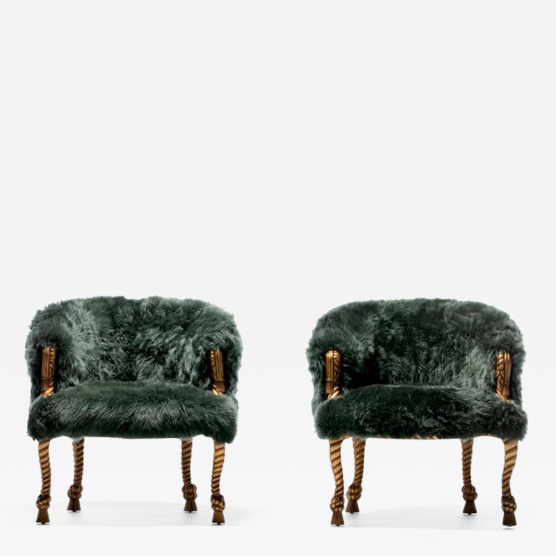 Napoleon III Style Chairs in Emerald Sheepskin on Gilt Rope Tassel Frames