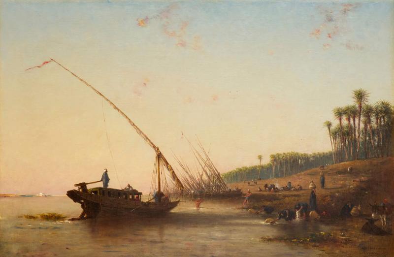 Narcisse Berch re Large antique French Orientalist oil Painting of the Nile by Berch re