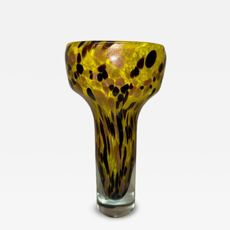 Narrow Hand Blown Yellow with Black and Amber Speckles Murano Glass Vase