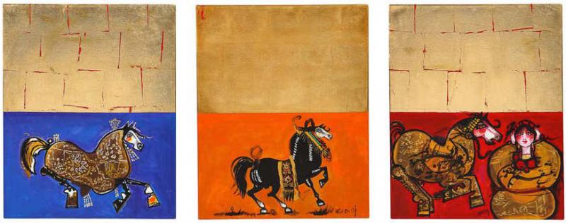 Nasser Ovissi Arabian Horses Triptych Oil on Canvas