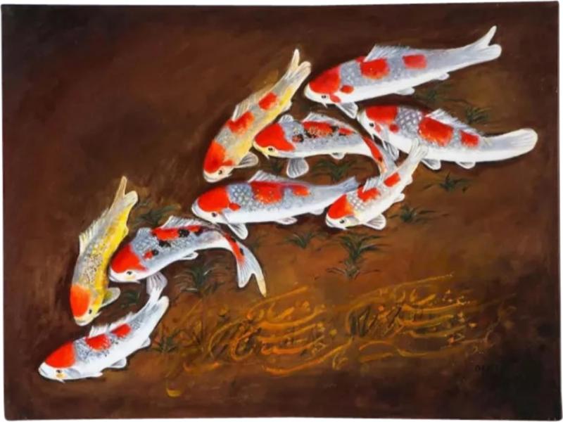 Nasser Ovissi Iranian Born 1934 Koi Fish Oil on Canvas Painting