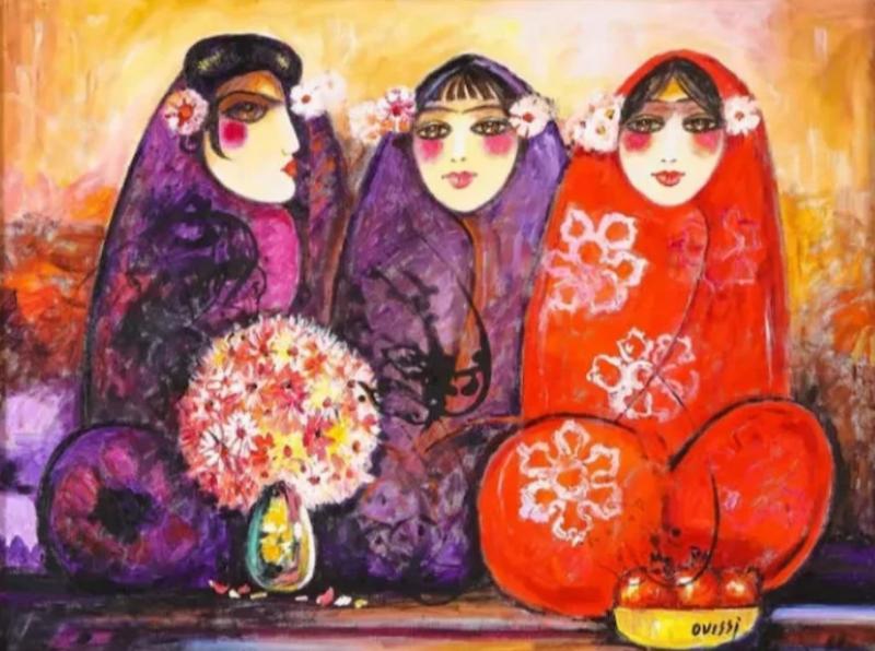 Nasser Ovissi Iranian Born 1934 Three Seated Girls Oil on Canvas Painting