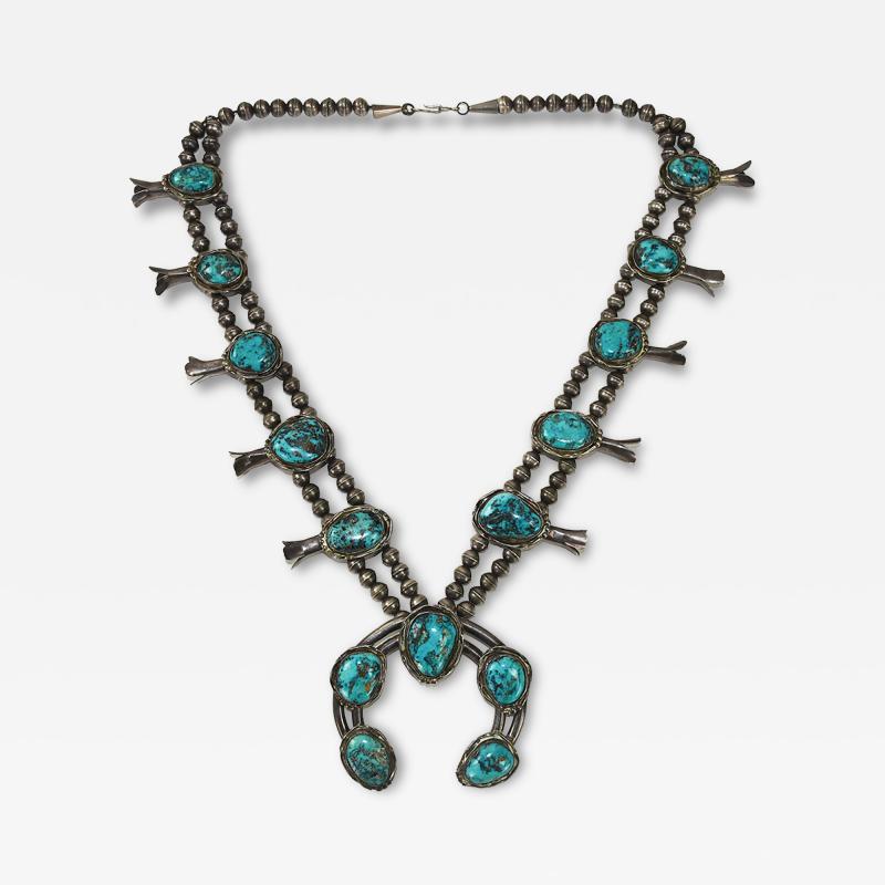 Native American Sterling Silver Turquoise Squash Blossom Necklace