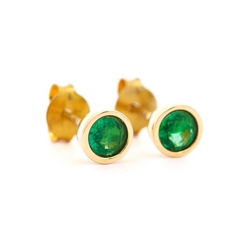 Natural 1 2 Carat Emerald Round Bezel Stud Earrings in 14K Yellow Gold