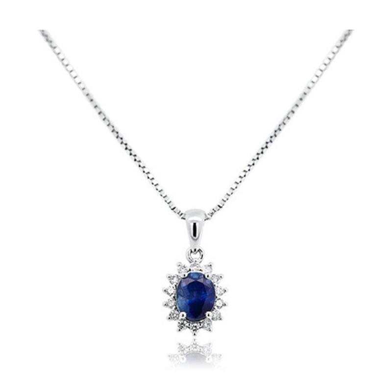 Natural 1 20 Carat Oval Cut Blue Sapphire and Diamond Halo Pendant Necklace