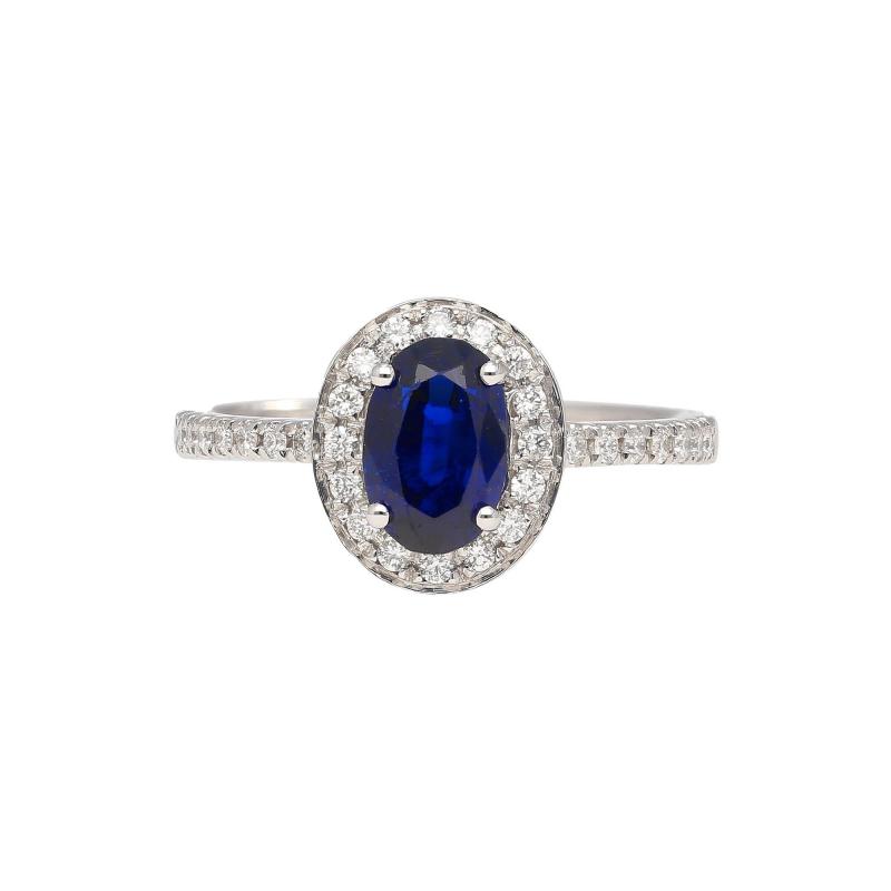 Natural 1 45 Carat Oval Cut Blue Sapphire and Diamond Halo 18k White Gold Ring