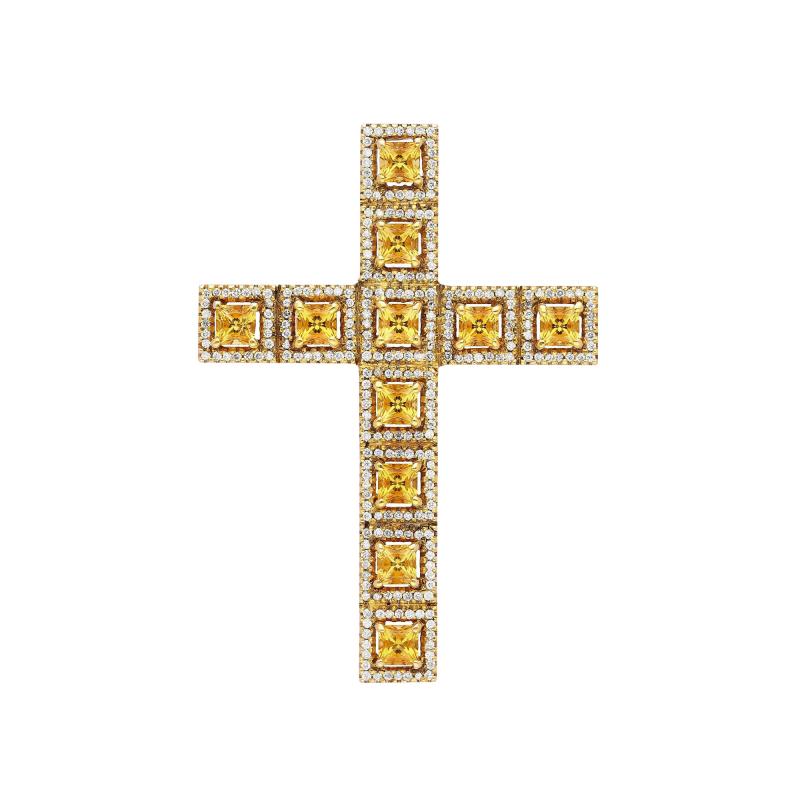 Natural 2 33 Carat Princess Cut Yellow Sapphire Diamond Halo Cross Pendant