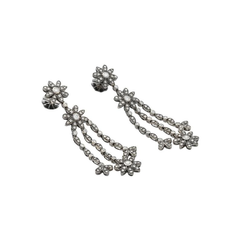 Natural 2 Carat Floral Diamond Dangle Drop Earrings in 18K White Black Gold