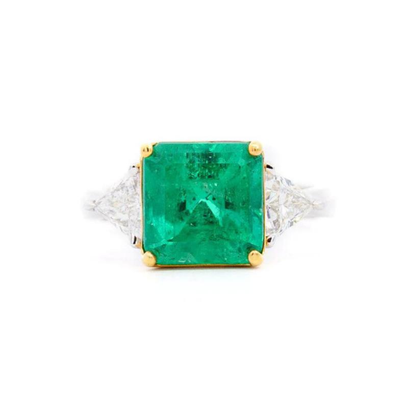 Natural 3 76 Carat Colombian Emerald and Trillion Cut Diamond 3 Stone Ring