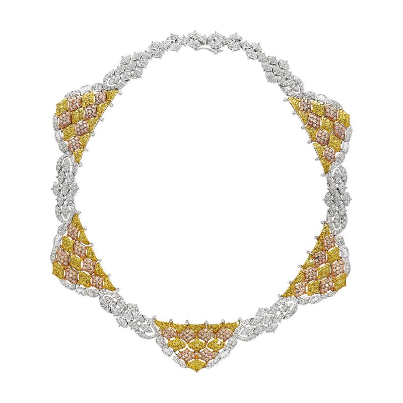 Natural 35 Carat Pink White Yellow Diamond 18K Three Tone Necklace Choker