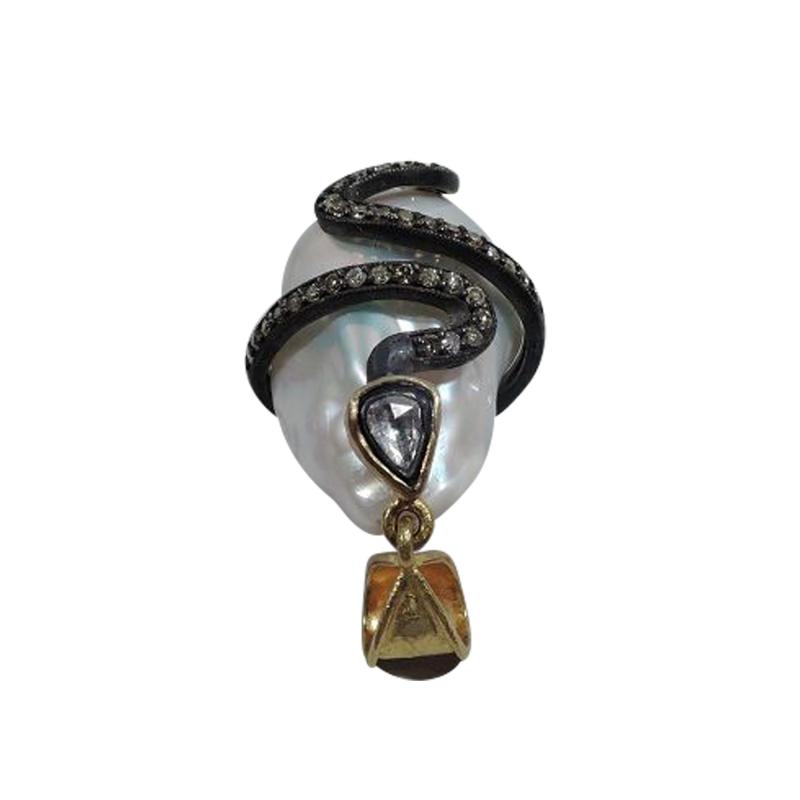 Natural Baroque Pearl Pendant with Diamond Encrusted Silver Snake