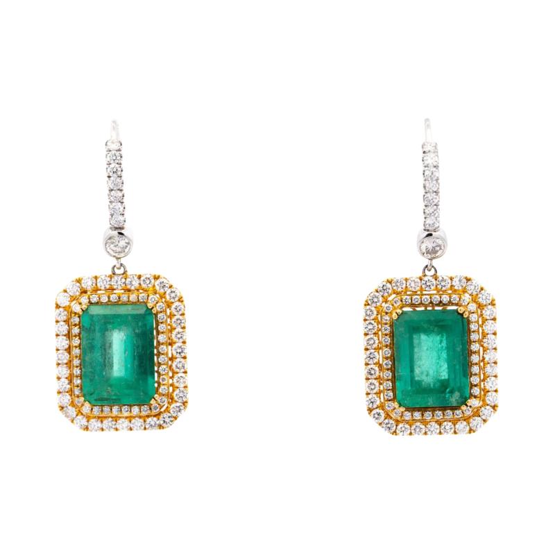 Natural Colombian 7 36 CTTW Emerald Diamond Halo Dangle Drop 18K Gold Earrings