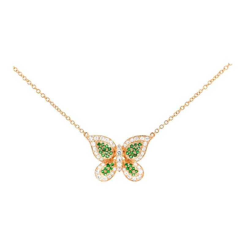 Natural Diamond and Green Tsavorite Butterfly 14K Yellow Gold Necklace