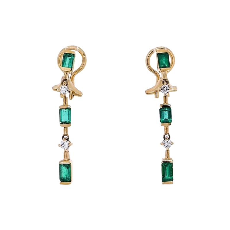 Natural Emerald Drop Earrings in 14k Gold Clip On Closure