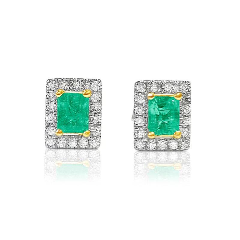 Natural Emerald Stud Earrings with diamond halo in 18k Solid Gold