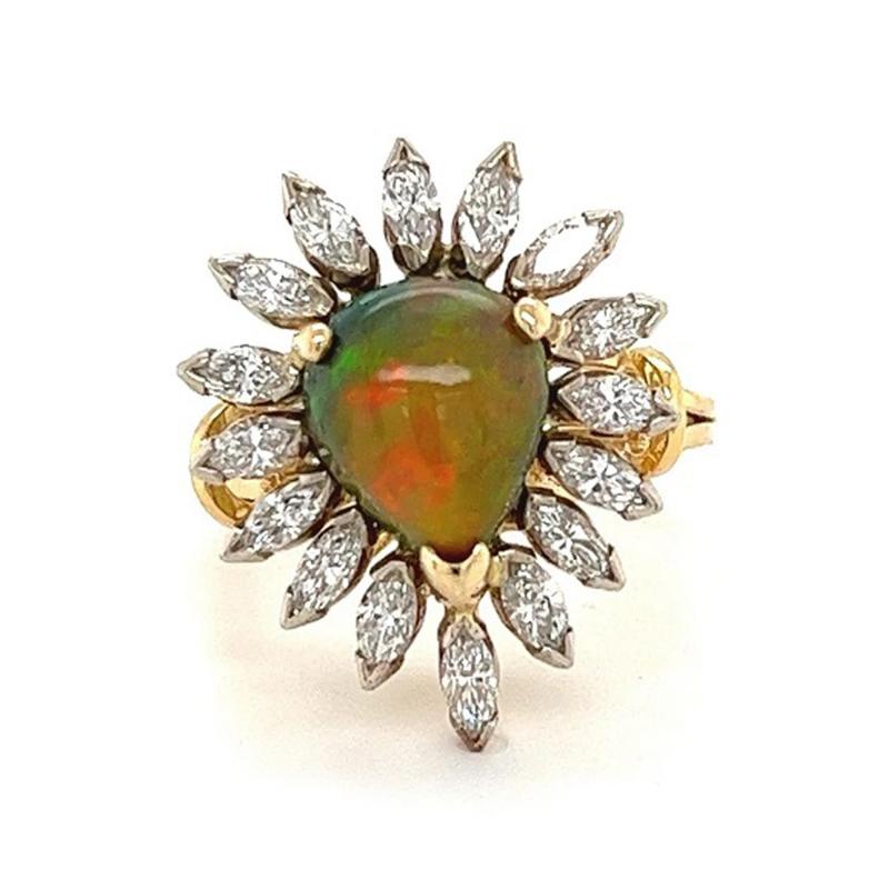 Natural Pear Shape Opal and Marquise Cut Diamond Halo Ring