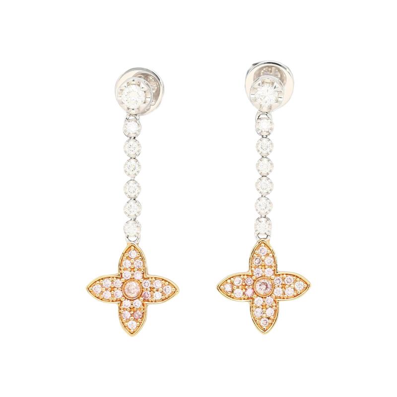 Natural Pink White Diamond Floral Drop Earrings in 18k White and Rose Gold