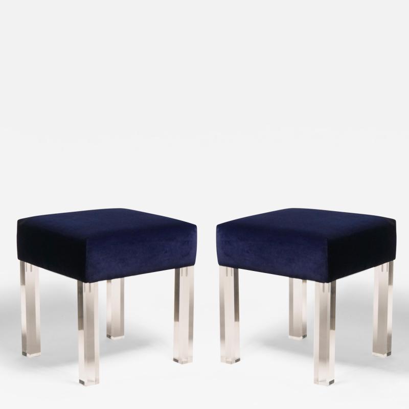 Navy Velvet Low Stools with Lucite Legs Pair