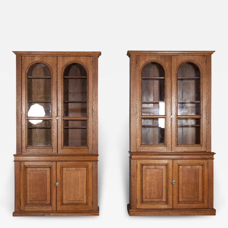 Near Pair Arched Oak Glazed Apothecary Cabinets