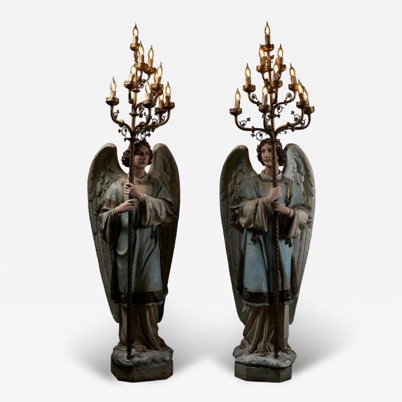 Neoclassical Angel Floor Lamps with Gothic Revival Chandeliers 19th Century