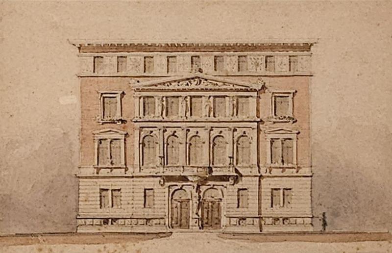 Neoclassical Architectural Drawing with Watercolor probably circa 1800