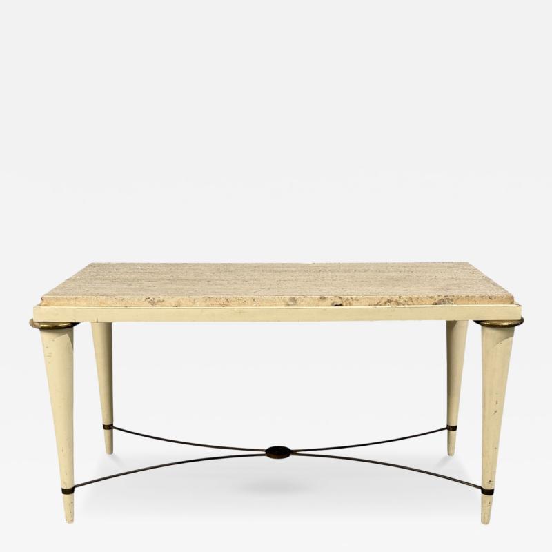 Neoclassical Coffee Table Travertine Wood Bronze USA 1960s