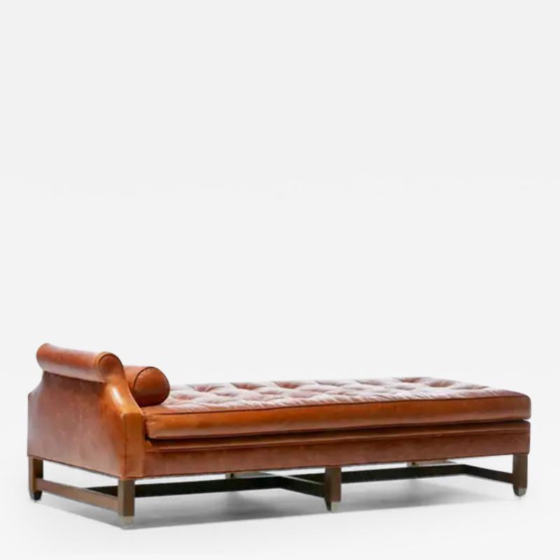 Neoclassical Daybed in Antique Chestnut Leather with Walnut and Brass Base
