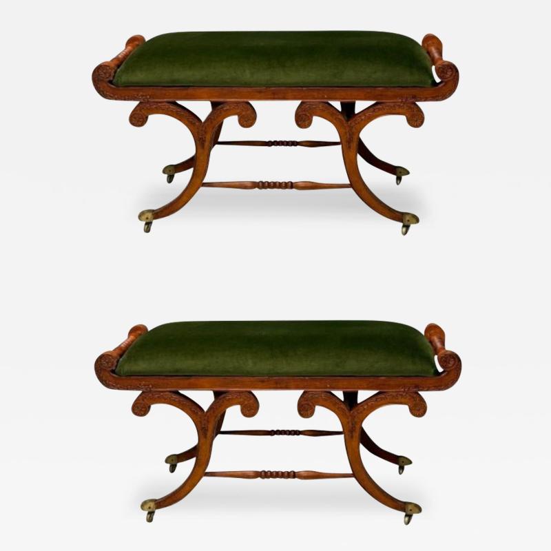 Neoclassical English Regency Rolling Benches Carved Wood Bronze Green Velvet