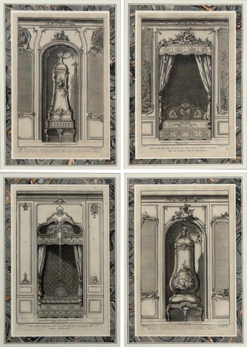 Neoclassical Four Framed Architectural Drawings of French Interiors 20th c 