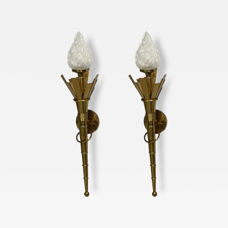 Neoclassical Monumental Torchiere Wall Sconces Brass Glass 20th c 