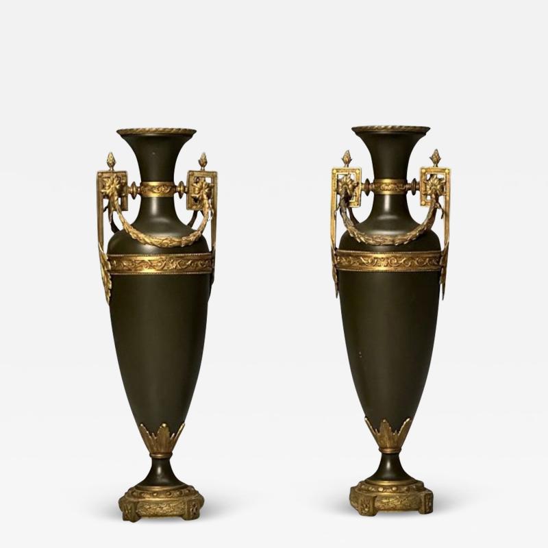 Neoclassical Pair of Large Urns Gilt Bronze Green Painted Metal 1970s