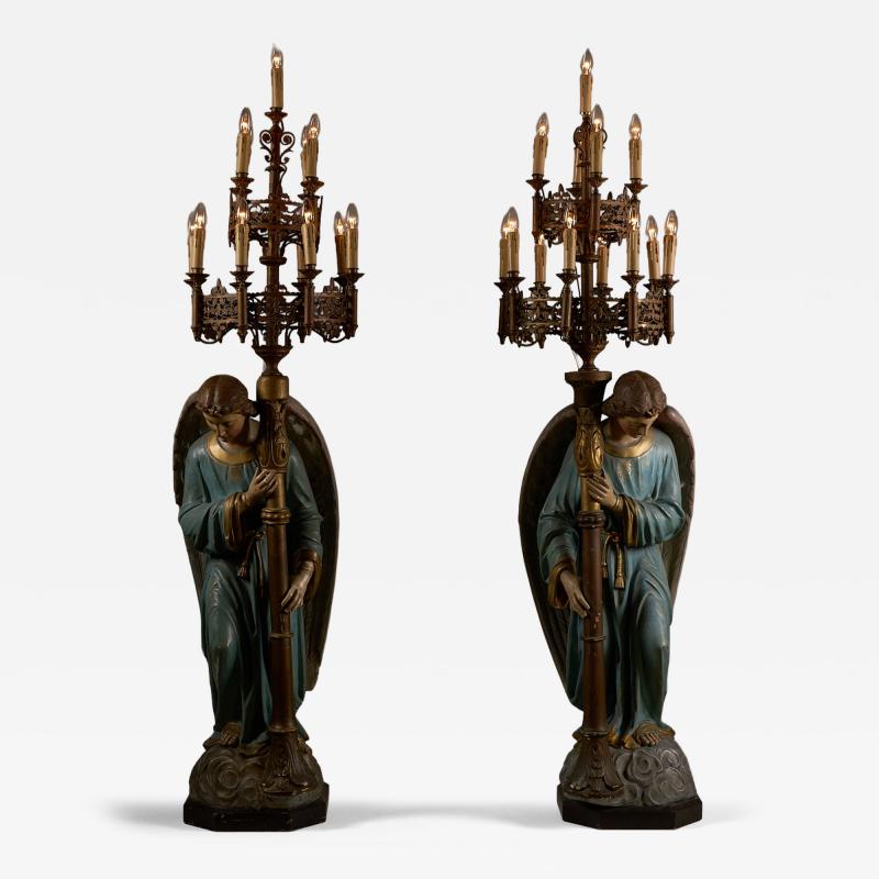 Neoclassical Polychrome Wood and Gilt Metal Angel Floor Lamps 19th Century