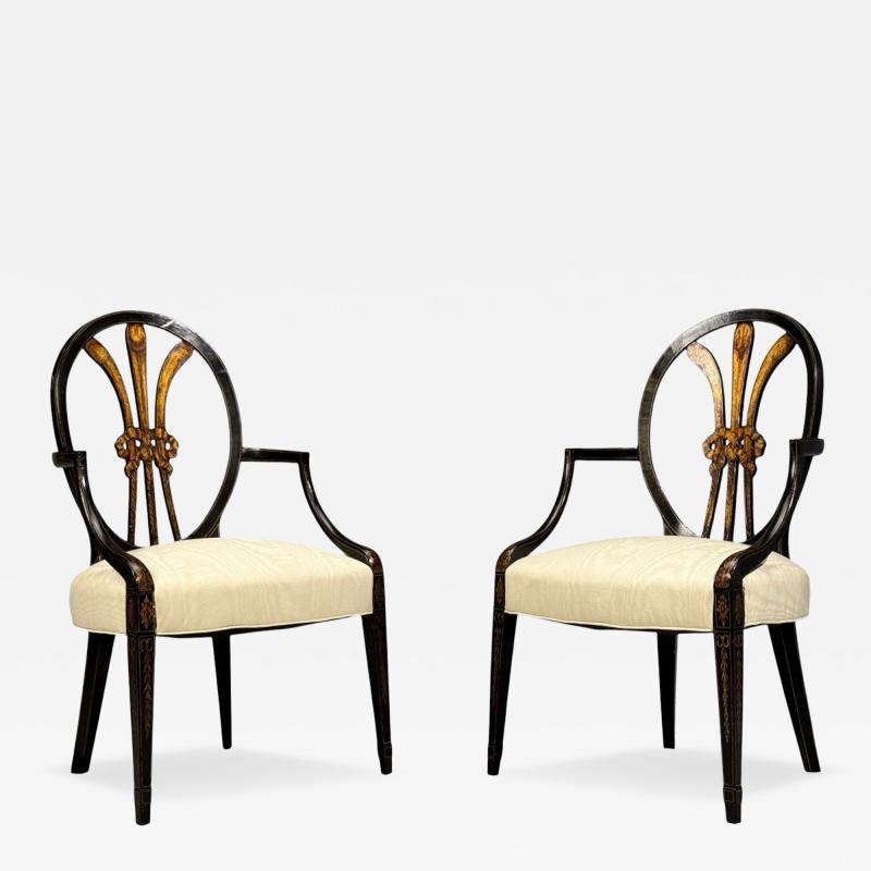 Neoclassical Prince of Wales Armchairs Ebonized Wood Gilt Silk USA 19th c 