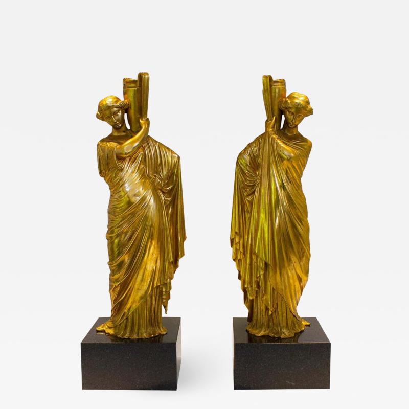 Neoclassical Romanesque Bronze Female Form Sculptures with Marble Bases